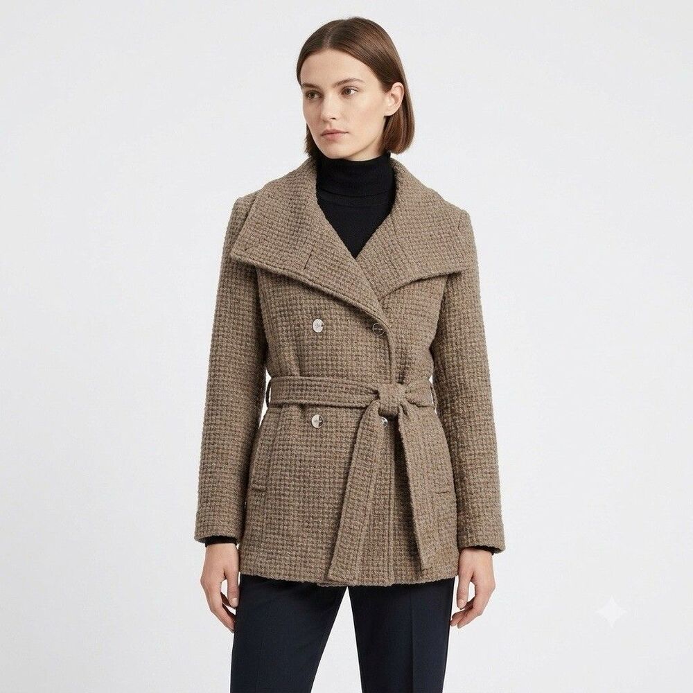 Women’s Calvin Klein Double Breasted Brown Wool Blend Belted Coat Size Small - Picture 1 of 16